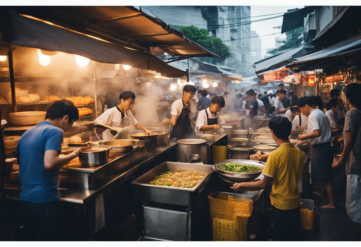 A bustling street food stall, with steam rising from bowls of fresh prawn noodle soup. Customers eagerly slurp the fragrant broth, surrounded by the lively sounds and aromas of Kallang