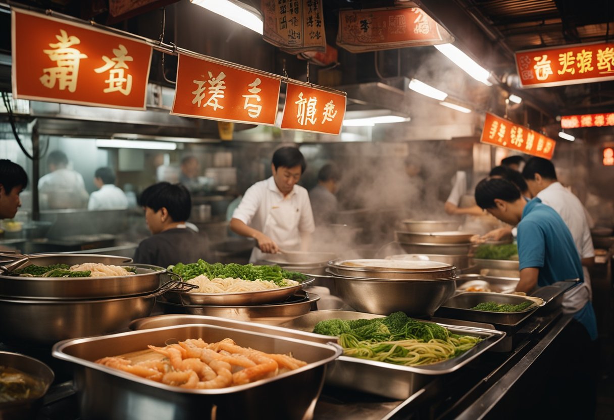 A bustling hawker stall with steaming bowls of Cantonese live prawn noodle, surrounded by eager customers and the sound of sizzling woks