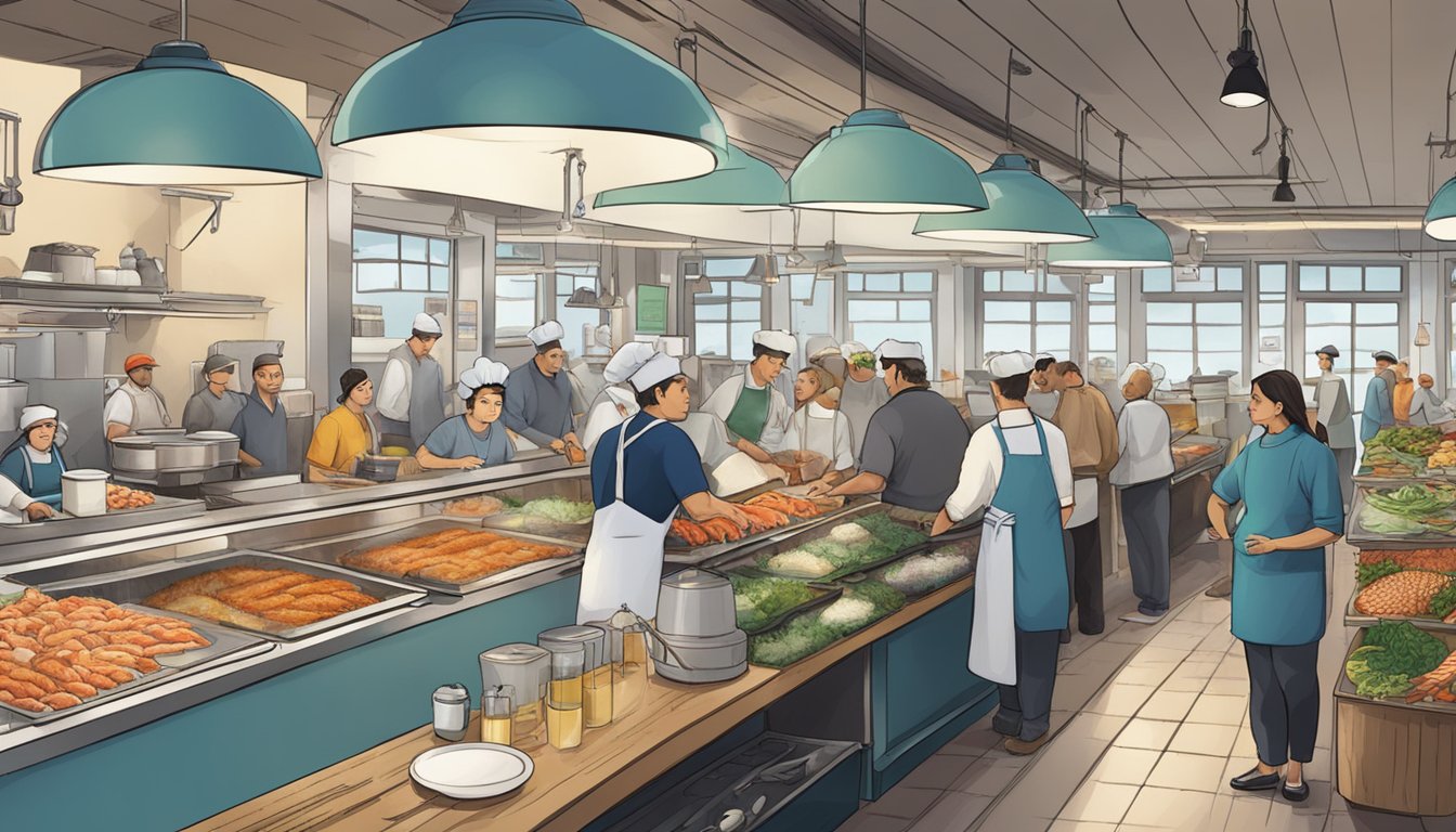 A bustling fish market cafe with customers lining up, chefs preparing fresh seafood dishes, and staff answering questions