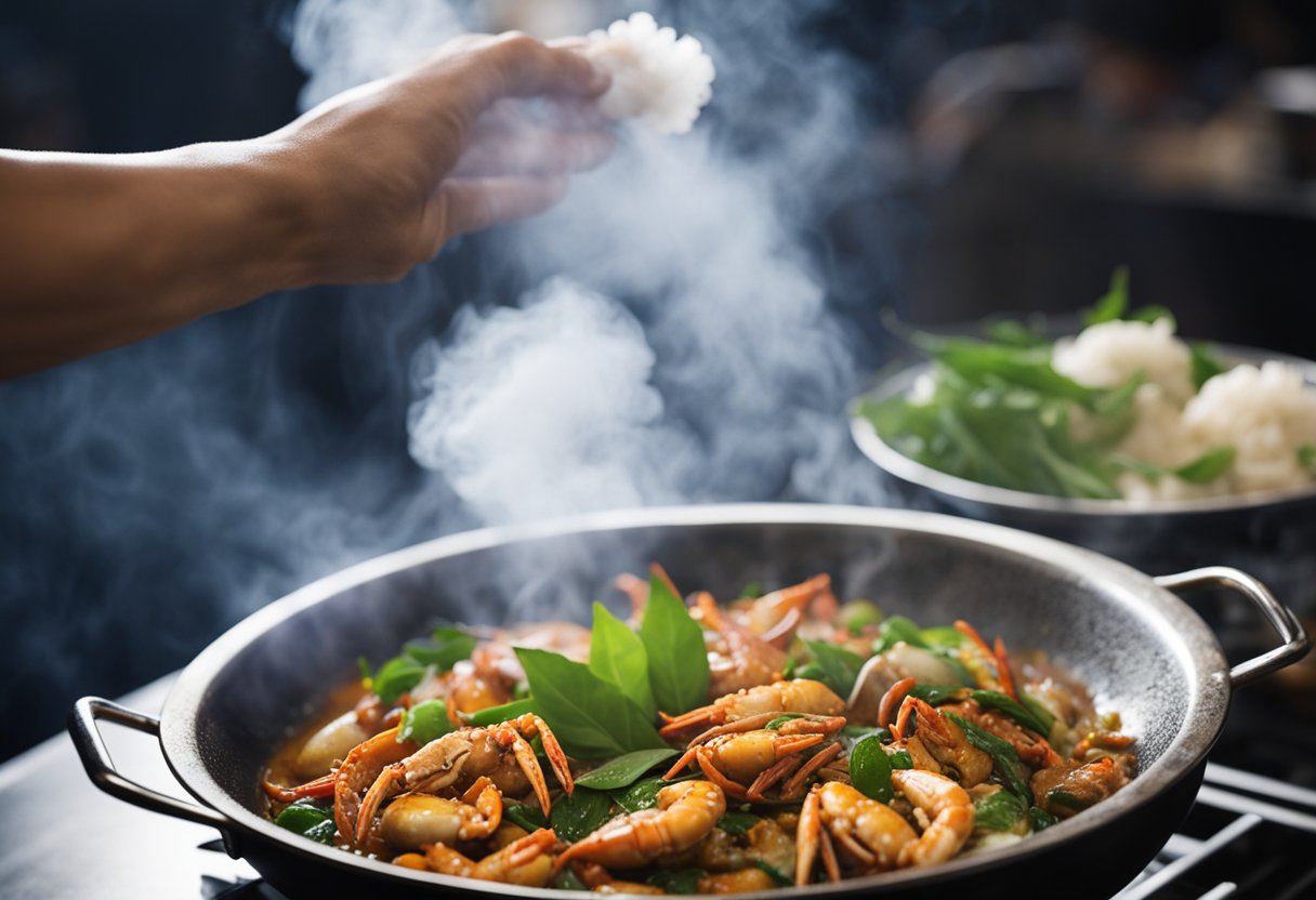 A steaming wok sizzles with kam heong crab, its fragrant aroma filling the air. Chili, curry leaves, and garlic cling to the shell, creating a mouthwatering sight