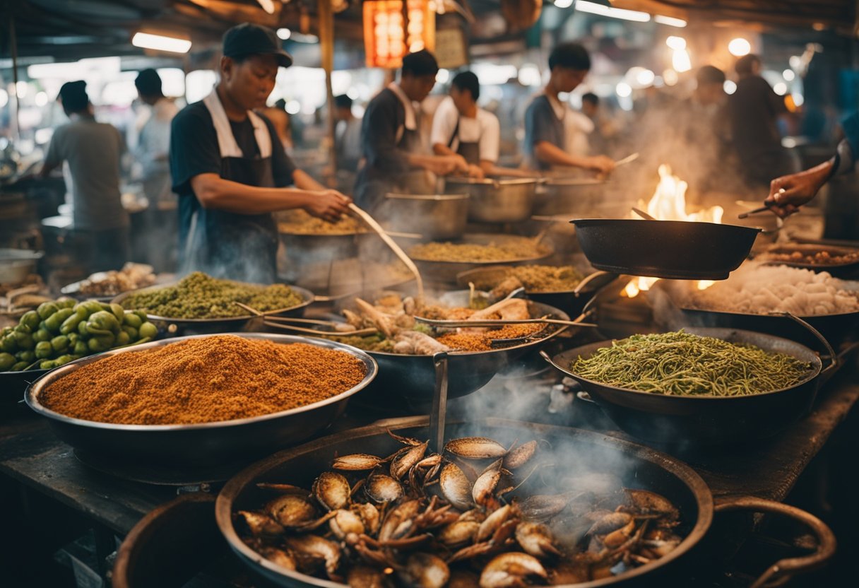 A bustling Malaysian seafood market, with vendors cooking Kam Heong Crab over open flames, surrounded by aromatic spices and bustling customers