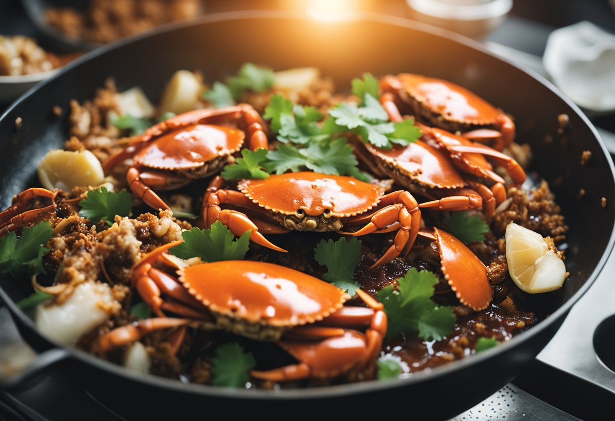 Crab being cleaned, chopped, and cooked in a wok with kam heong sauce and aromatic spices