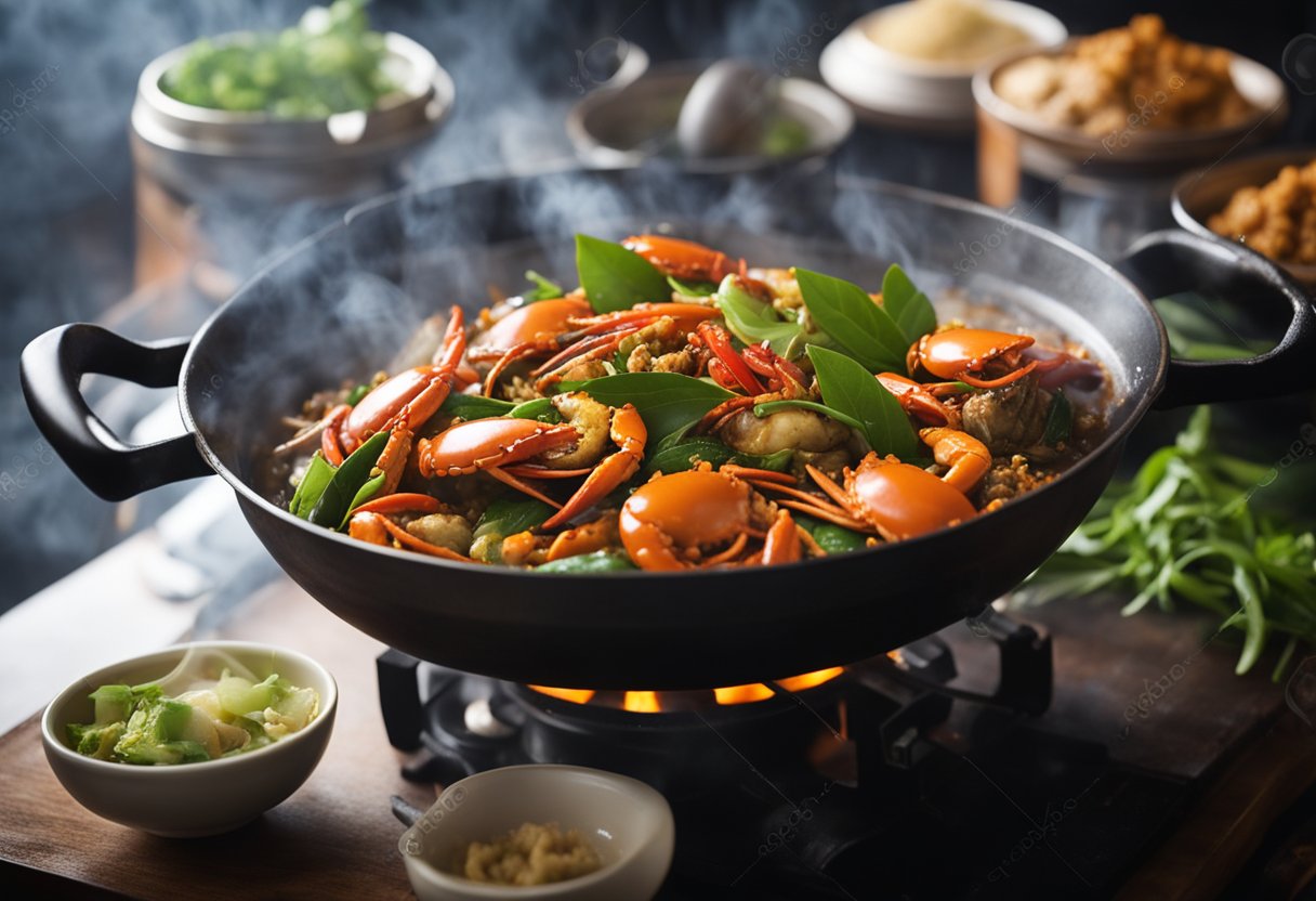 A steaming wok sizzles with kam heong crab, emitting a fragrant aroma of curry leaves and spicy chili, as steam rises and the dish sizzles