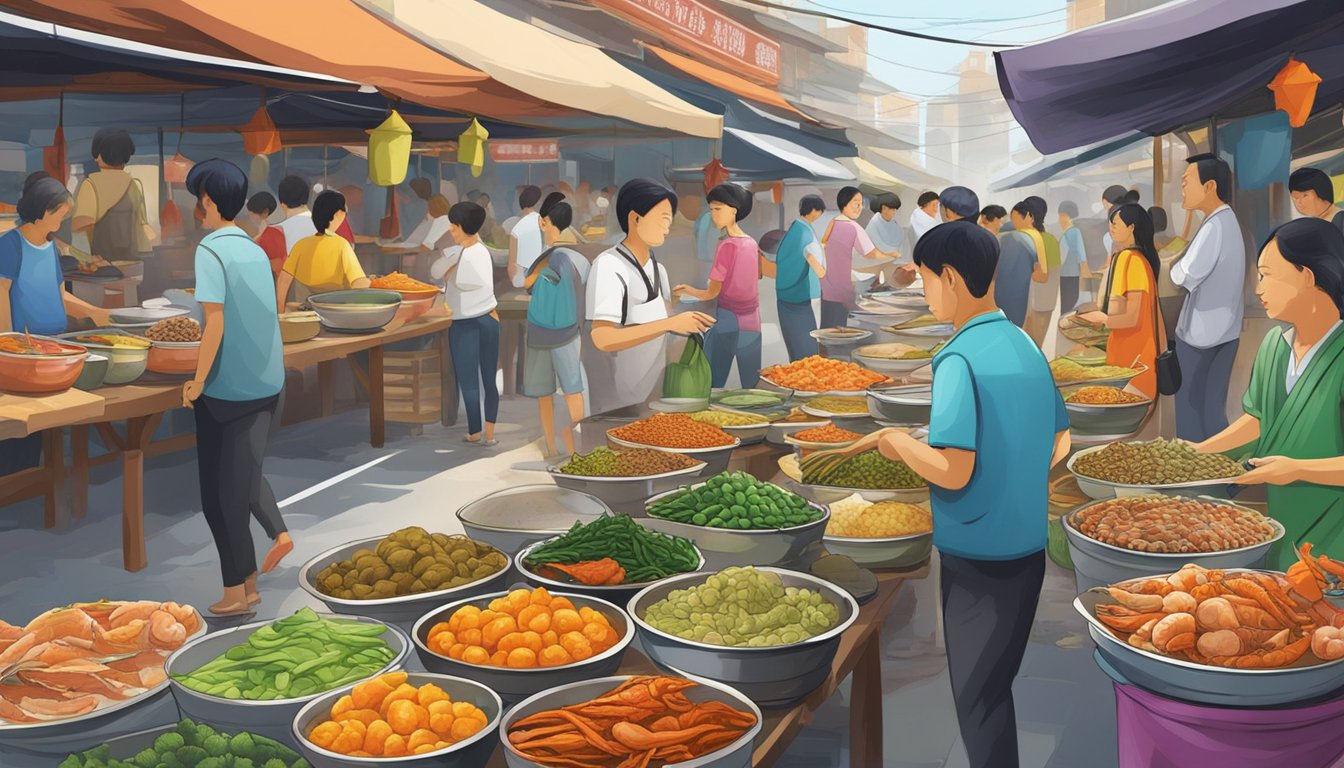 A bustling street market with colorful stalls selling fresh seafood and aromatic spices. Customers eagerly sample steaming bowls of Kam Long Curry Fish Head, while the fragrant aroma fills the air
