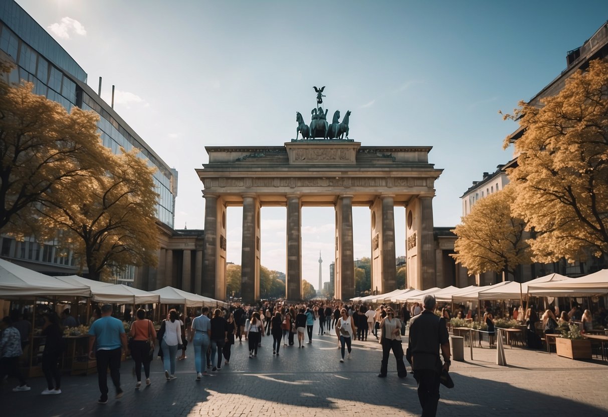 A bustling cityscape with iconic landmarks like the Brandenburg Gate and Berlin Wall, surrounded by vibrant street art and bustling outdoor markets