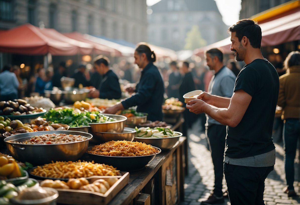 A bustling street market in Berlin showcases a variety of international cuisines, with colorful food stalls and diverse crowds sampling different dishes
