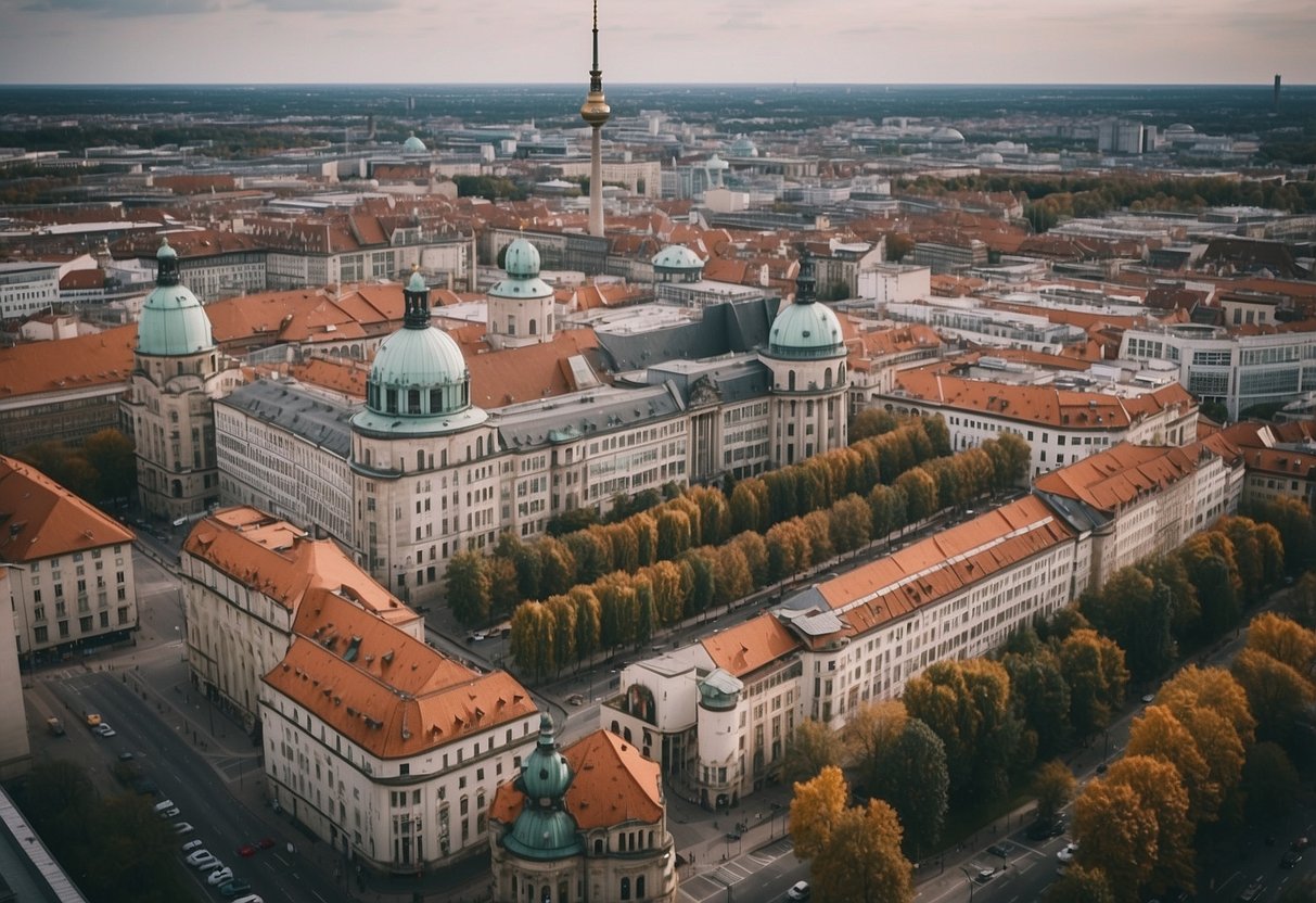 Modern skyscrapers and historic buildings blend in Berlin's urban landscape, showcasing the city's architectural diversity and rich history