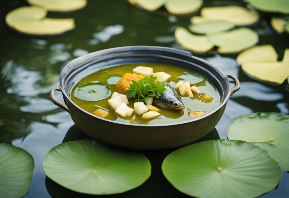 A kappa sits by a river, enjoying a bowl of fish curry. The water is calm, with lily pads floating on the surface