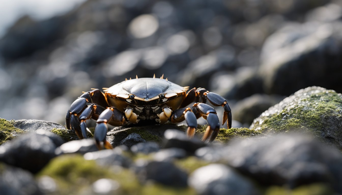 A Kamchatka crab scuttles along a rocky shoreline, its massive claws raised in a defensive stance. The creature's sharp, spiky shell glistens in the sunlight as it navigates the rugged terrain