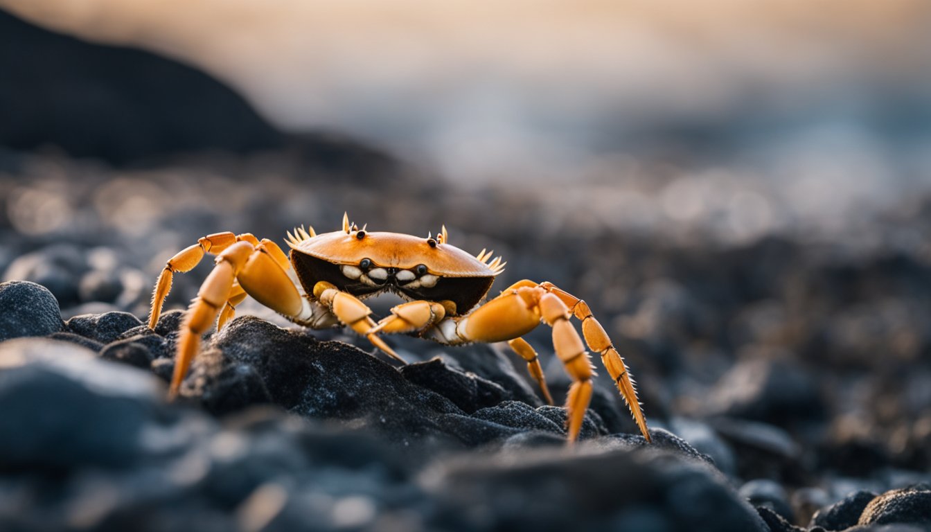 The Kamchatka crab, with its spiky carapace and long, slender legs, scuttles along the rocky shore of the cold, northern sea