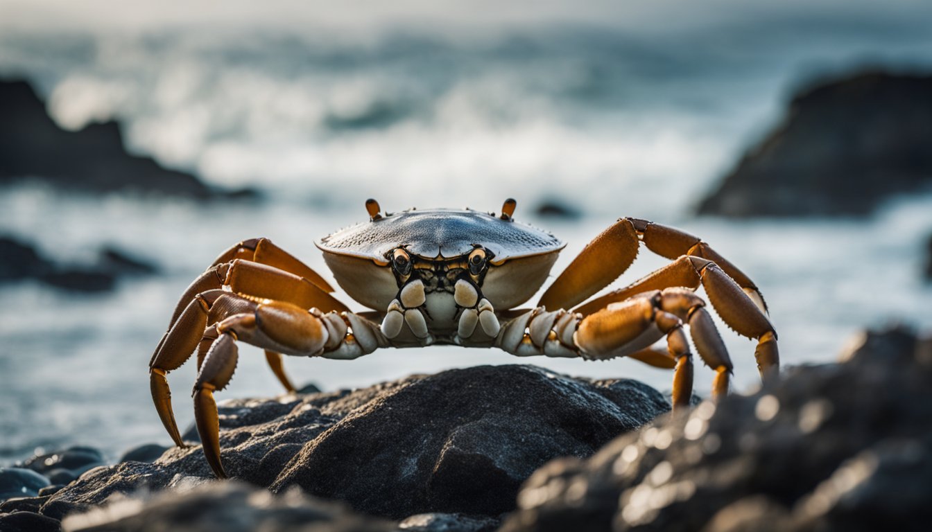 A large Kamchatka crab sits on a rocky shore, surrounded by swirling ocean waves and misty sea spray. It raises its massive claws in a defensive stance, ready to ward off any potential threats