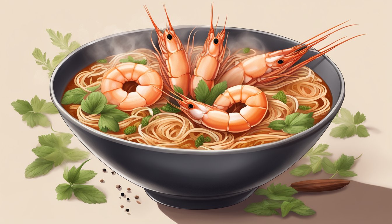 A steaming bowl of savory prawn mee with rich, red broth and plump, juicy prawns, surrounded by aromatic herbs and spices