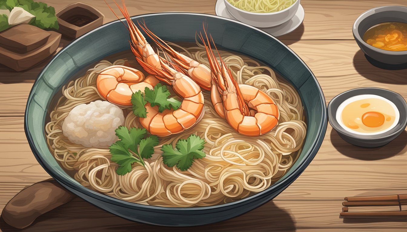 A steaming bowl of Khoon Kee Prawn Mee sits on a rustic wooden table, filled with plump prawns, noodles, and a rich, fragrant broth. Steam rises from the bowl, carrying the tantalizing aroma of seafood