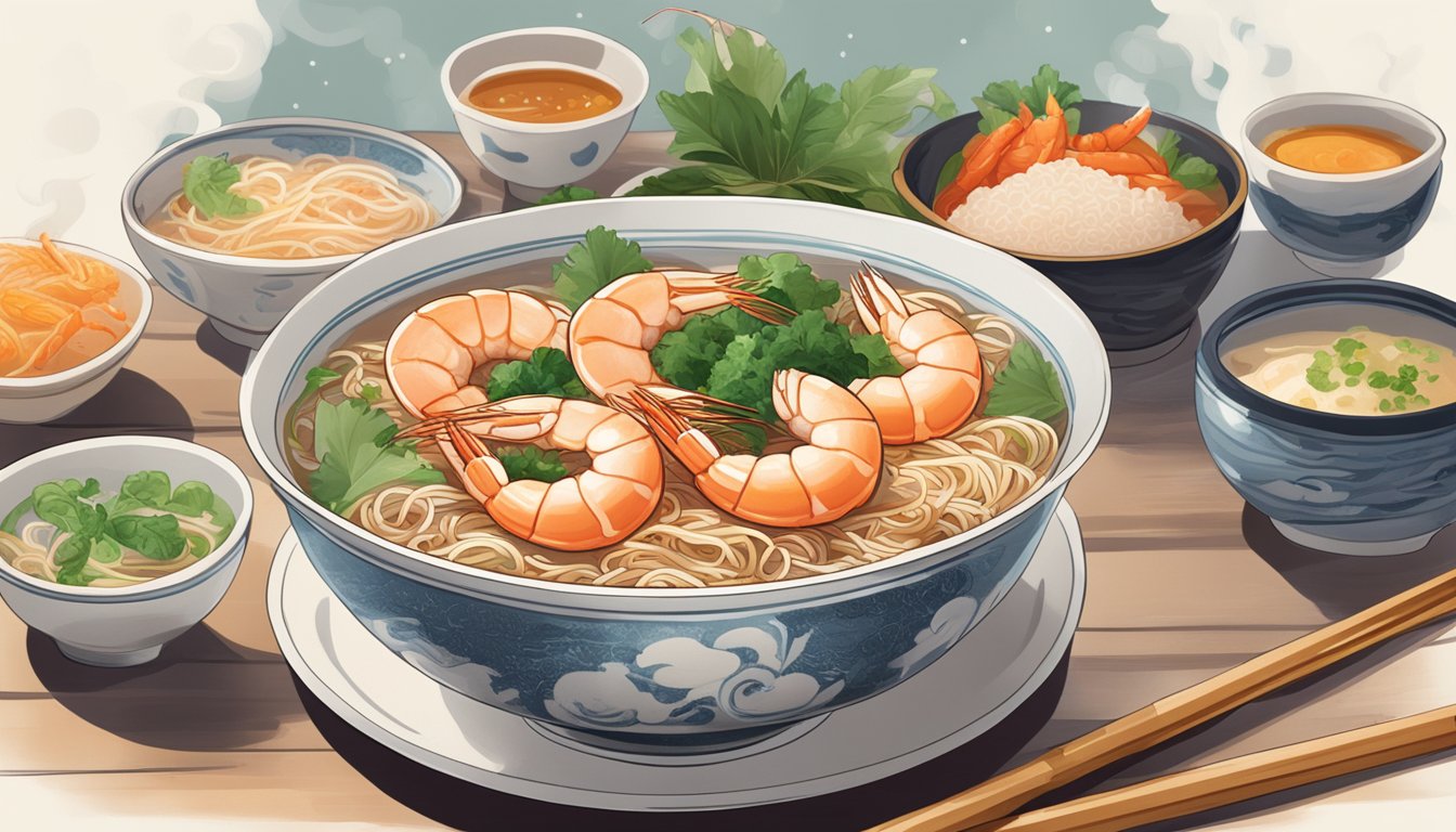 A steaming bowl of Khoon Kee's tasty prawn mee sits on a table, surrounded by condiments and chopsticks. Steam rises from the broth, and the prawns glisten in the light