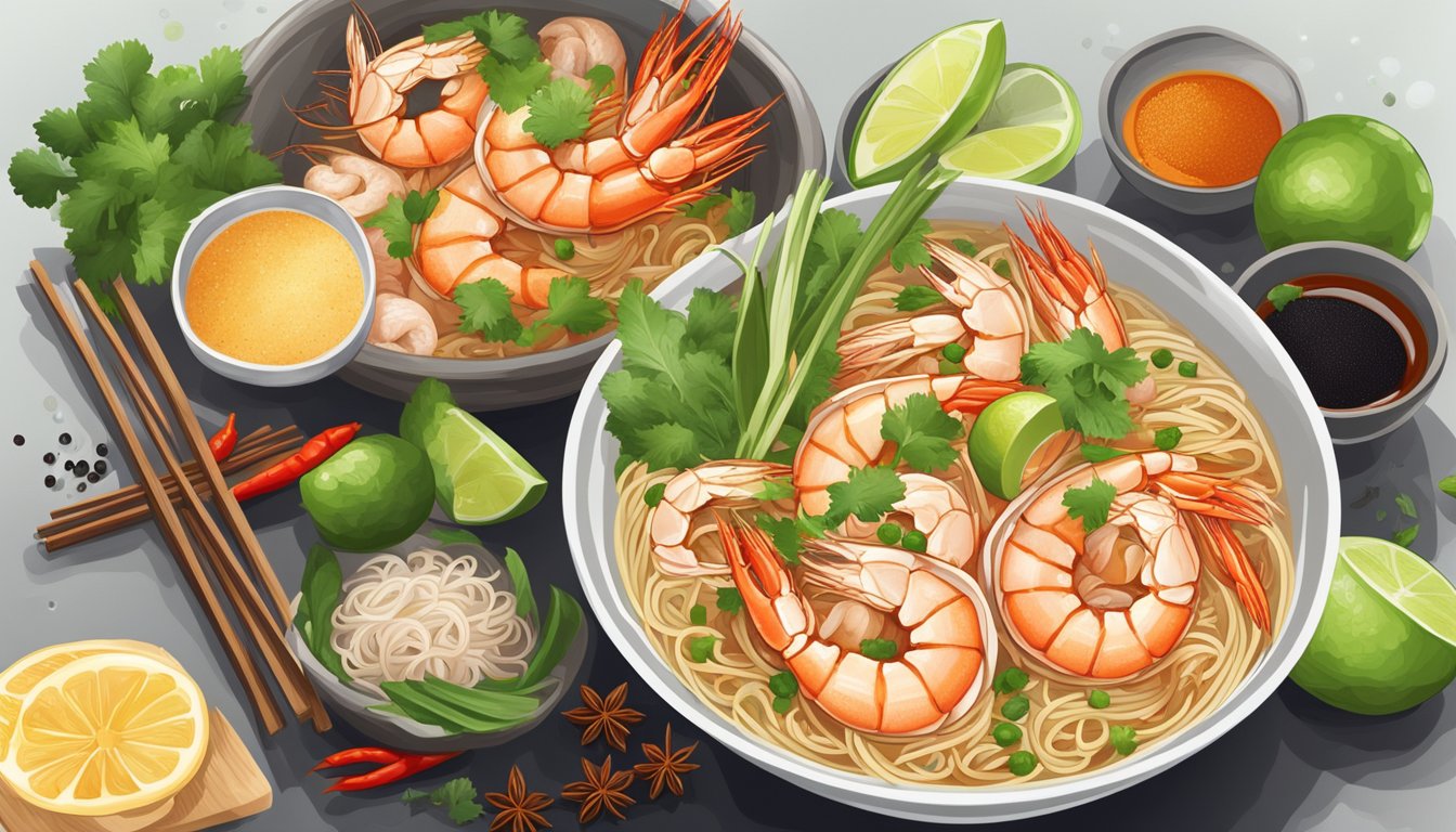 A steaming bowl of khoon kee tasty prawn mee, surrounded by aromatic spices and fresh prawns, with a side of chili paste and lime wedges