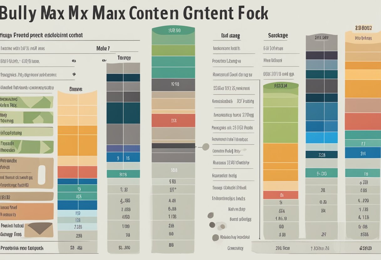 A table with various dog food bags labeled "Bully Max" and a chart showing protein content percentages for each option