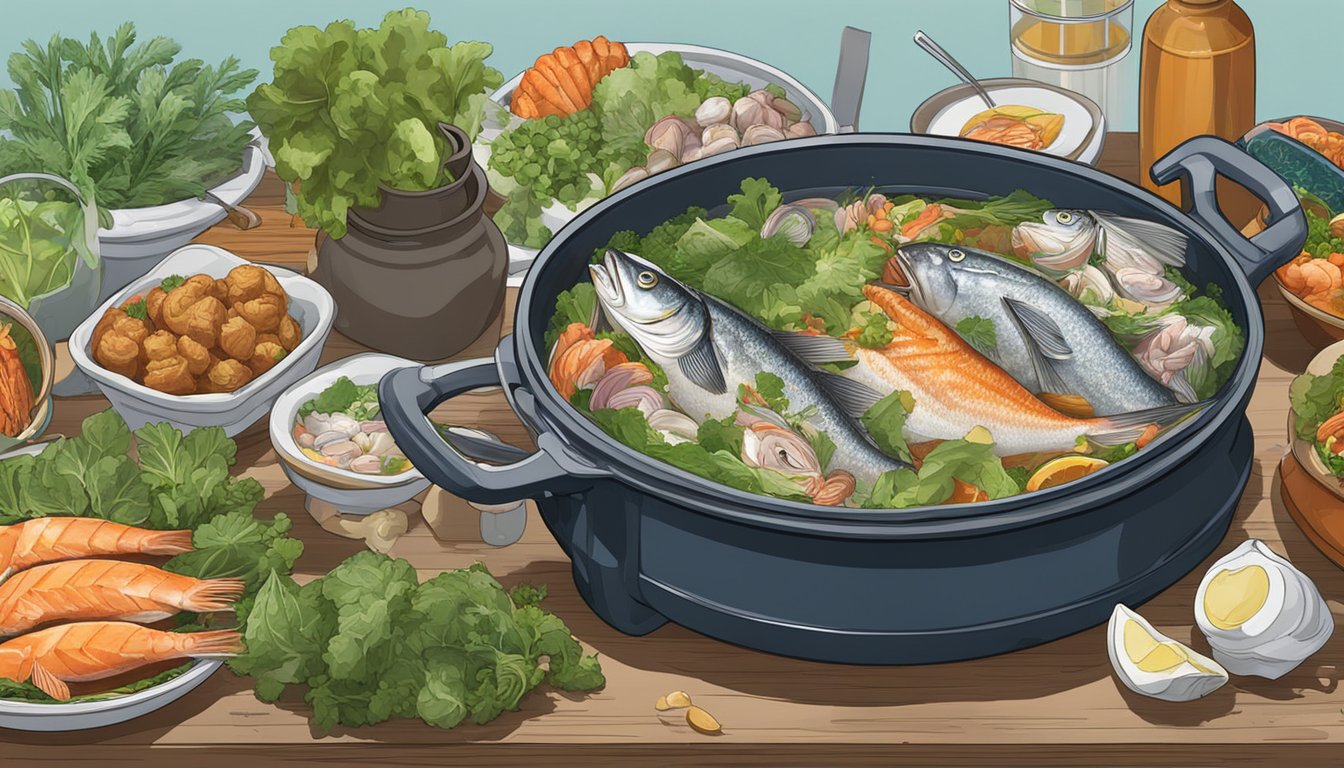 A bubbling pot of Killiney fish head steamboat sits on a table, surrounded by fresh seafood, vegetables, and fragrant herbs