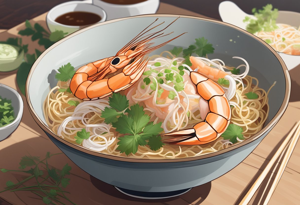 A steaming bowl of Killiney prawn noodle, topped with fresh prawns, bean sprouts, and fragrant herbs, sits on a wooden table