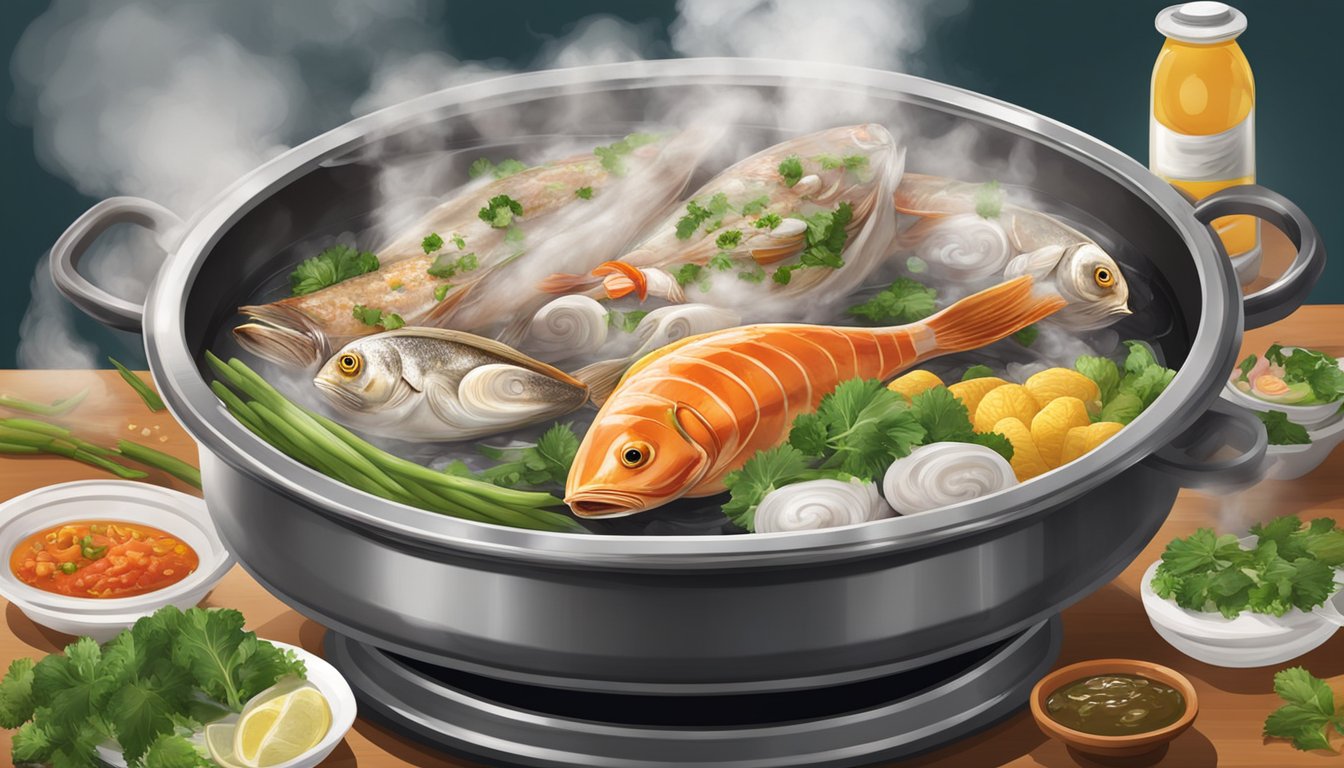 A steaming pot of fish head steamboat sits on a table, surrounded by fresh ingredients and condiments. Steam rises from the pot, filling the air with savory aromas