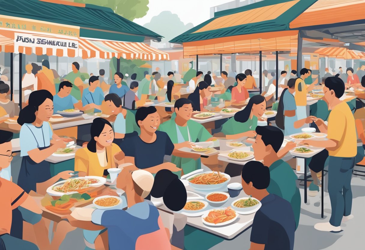 The bustling hawker center with people from diverse backgrounds enjoying the iconic Killiney prawn noodle, symbolizing the fusion of cultures and the economic significance of the dish