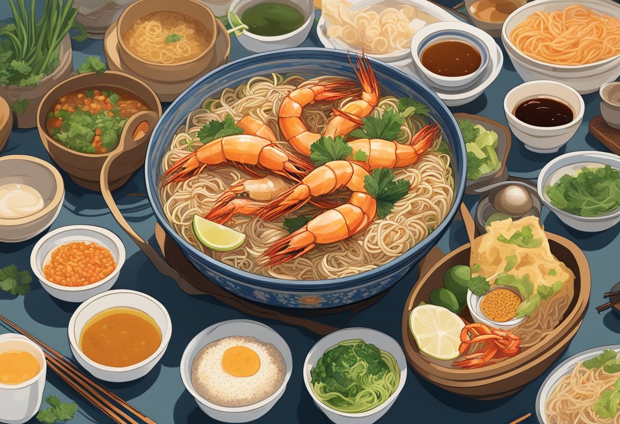 A steaming bowl of Killiney prawn noodle sits on a table, surrounded by condiments and utensils. The rich broth and fresh ingredients are highlighted in the warm lighting of the bustling hawker center