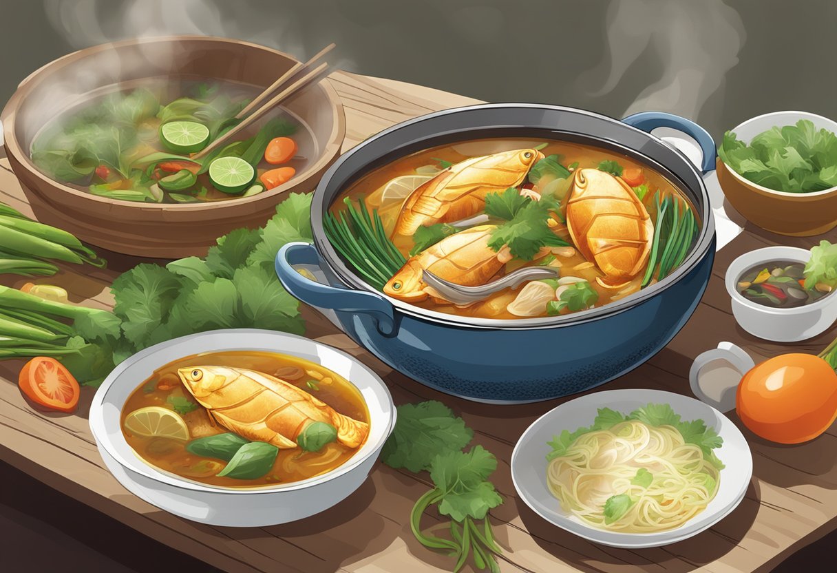 A steaming pot of Kim Loong curry fish head on a table. Rich, aromatic broth with tender fish and fresh vegetables
