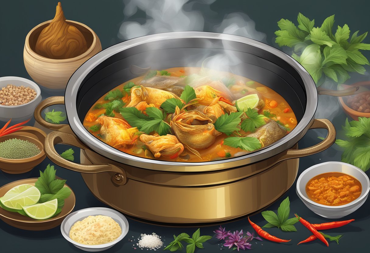 A steaming pot of Kim Loong curry fish head, surrounded by aromatic spices and herbs, with vibrant colors and tantalizing steam rising from the dish