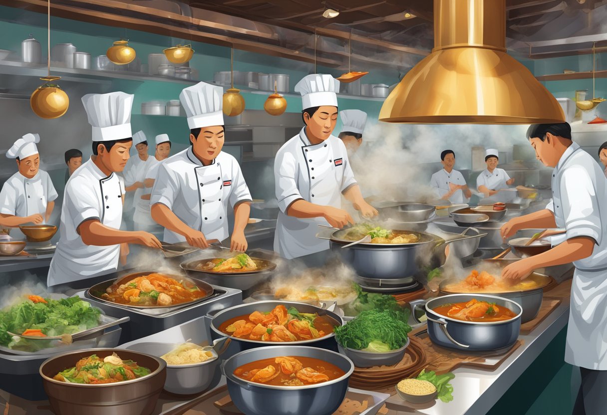 A bustling restaurant kitchen with chefs preparing a steaming pot of Kim Loong curry fish head amidst a flurry of activity and aromatic spices