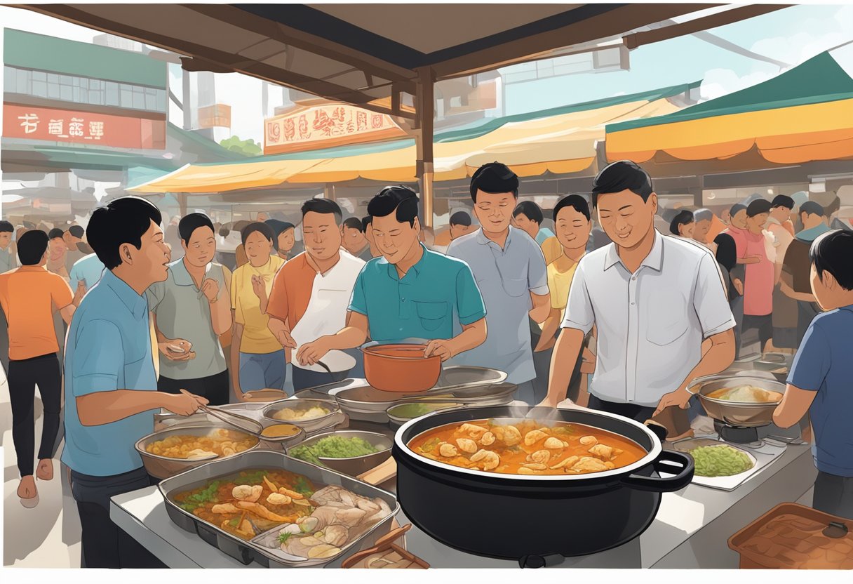 A steaming pot of kim loong curry fish head surrounded by curious onlookers at a bustling hawker center