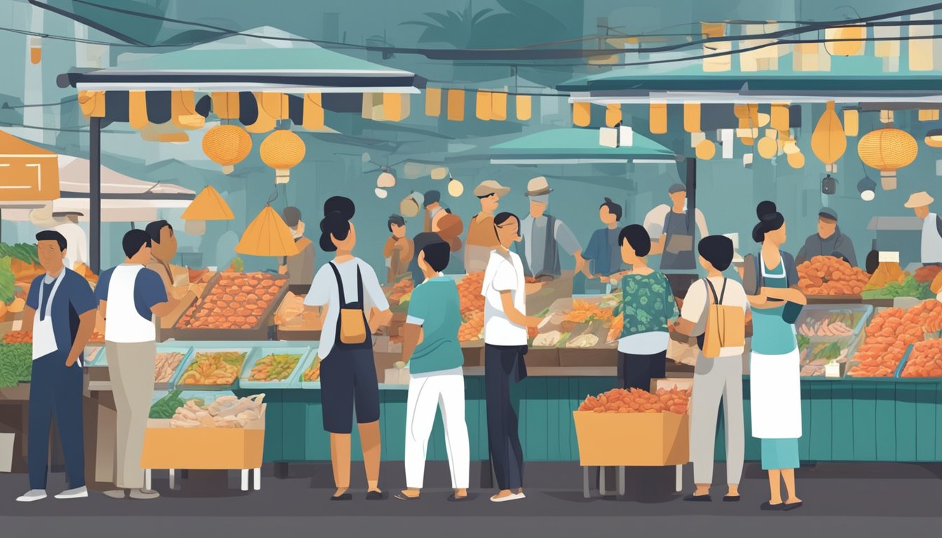 A bustling seafood market in Singapore, with vendors and customers engaged in conversation. Signage for "Frequently Asked Questions" displayed prominently