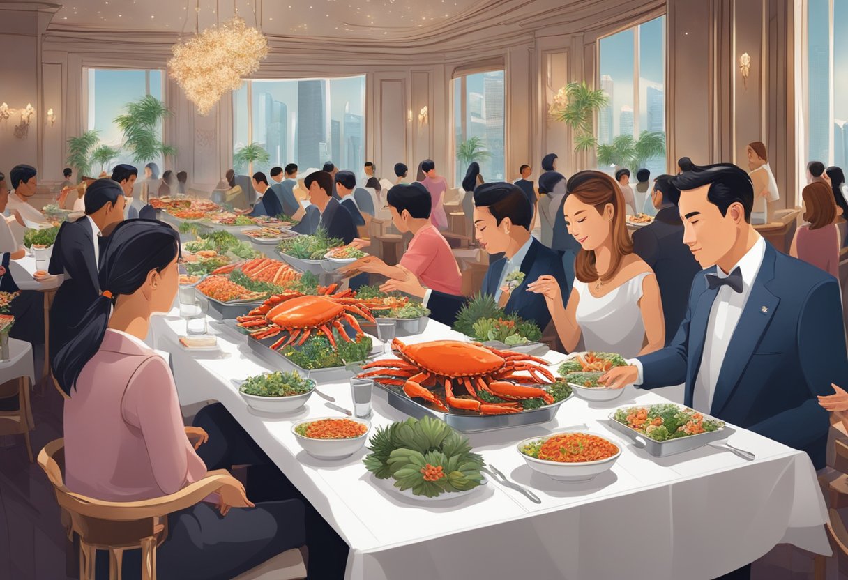 A grand buffet table adorned with succulent king crab legs, surrounded by eager diners in a luxurious Singapore setting