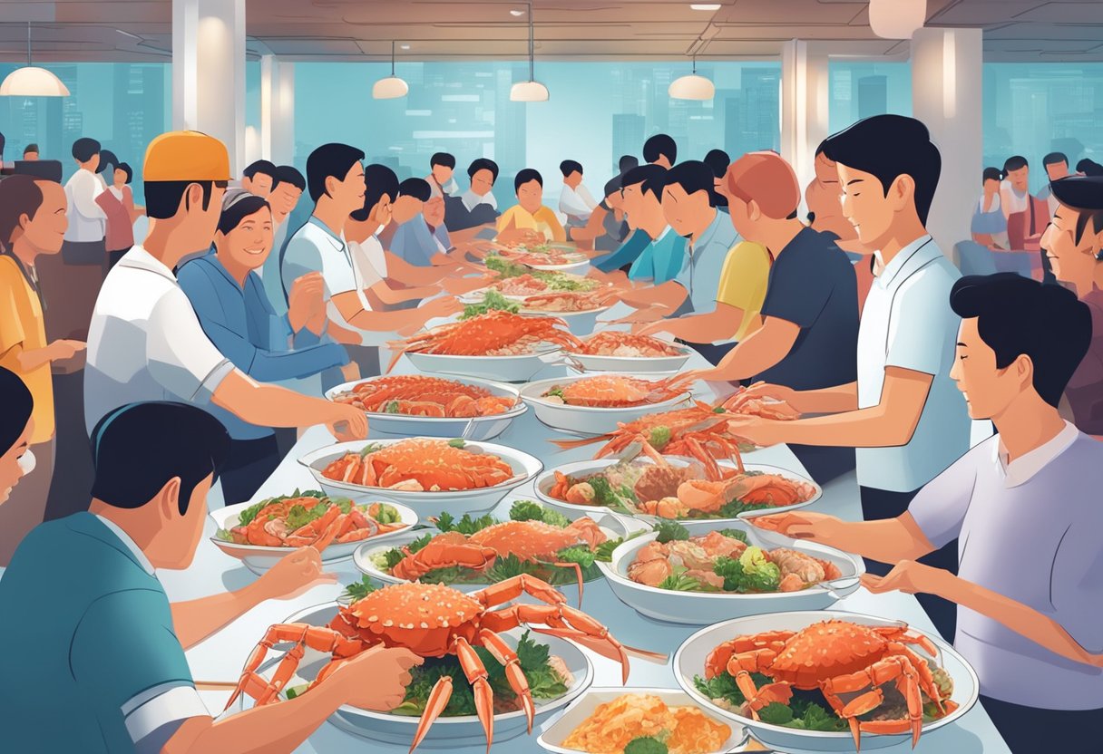 Customers enjoying a variety of king crab dishes at a bustling buffet in Singapore. Tables filled with steamed, grilled, and chilled crab legs, surrounded by eager diners