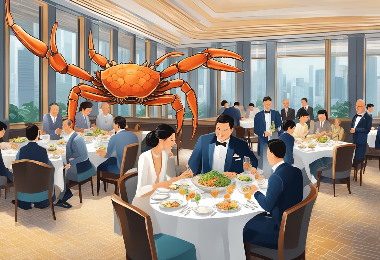 Guests enjoying a lavish king crab buffet in a upscale Singapore restaurant, with elegant table settings and attentive staff assisting with reservations