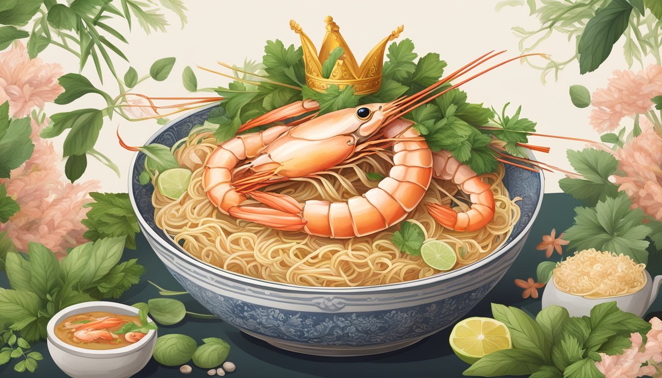 A steaming bowl of prawn noodles sits on a royal throne, surrounded by lavish ingredients and adorned with a crown of fresh herbs