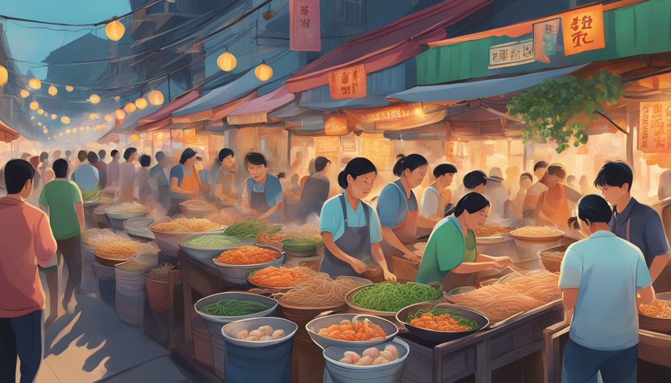 A steaming bowl of prawn noodles sits on a vibrant, bustling street market, surrounded by colorful stalls and eager customers