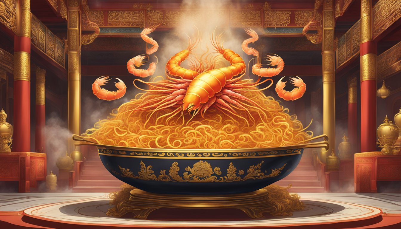 A grand, opulent throne room, adorned with golden accents and rich red tapestries. A large, steaming cauldron of prawn noodles sits at the center, emitting a tantalizing aroma