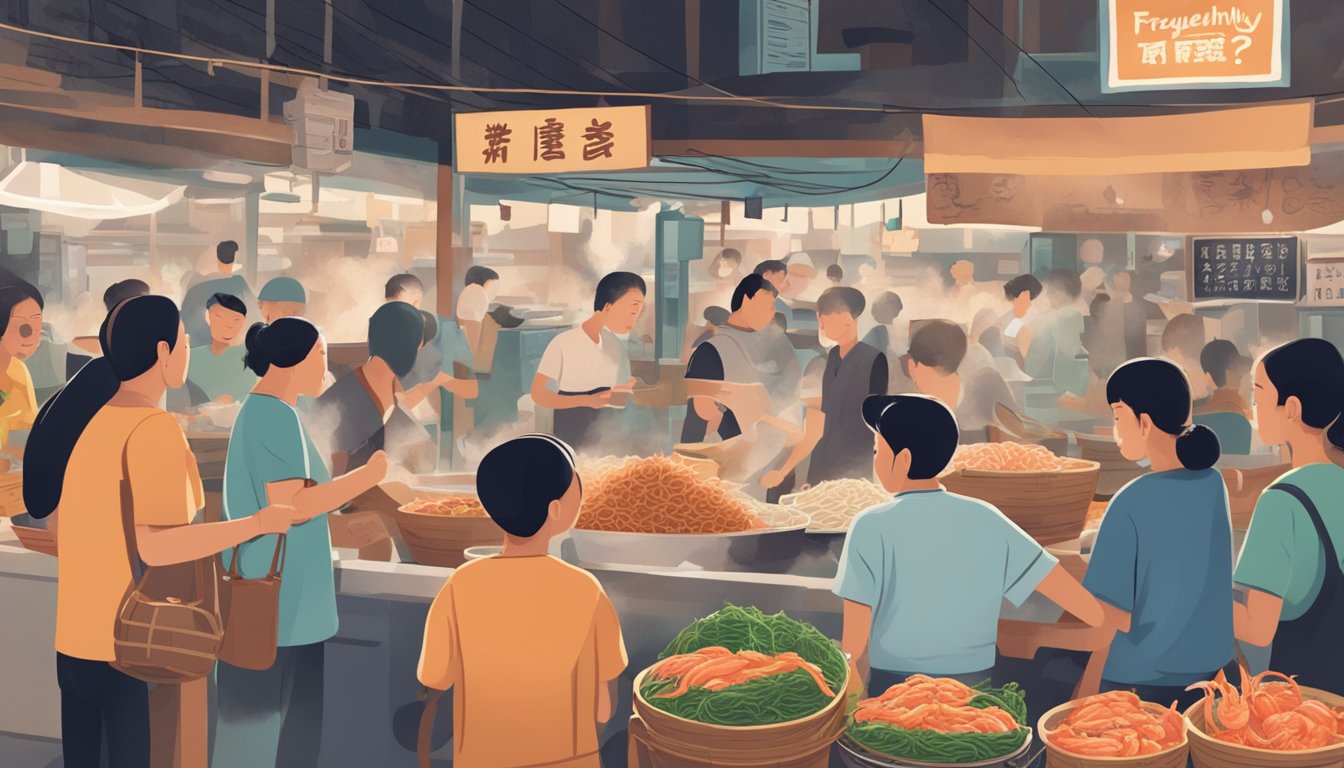 A steaming bowl of prawn noodles surrounded by curious customers and a sign reading "Frequently Asked Questions" in a bustling food market