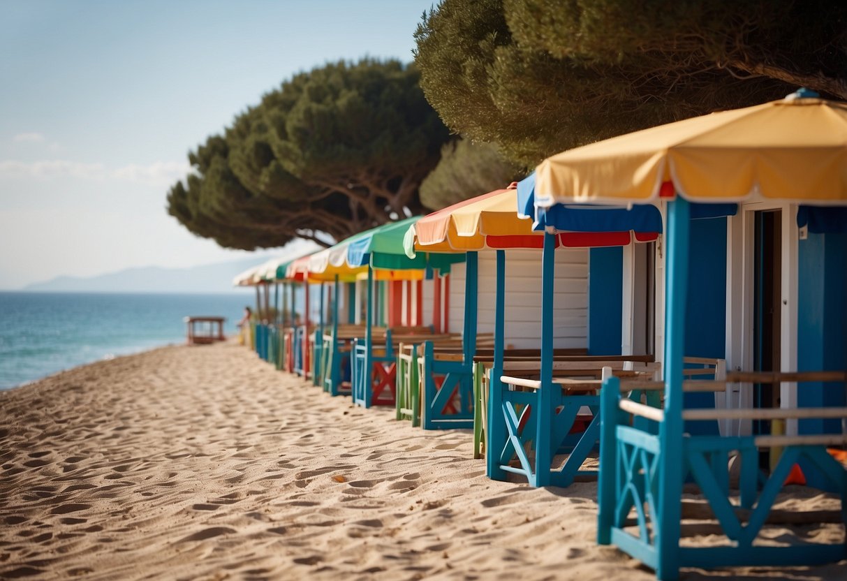 A serene beachfront with colorful umbrellas, clear blue waters, and a row of cozy beach huts at Riva di Ugento Camping Resort