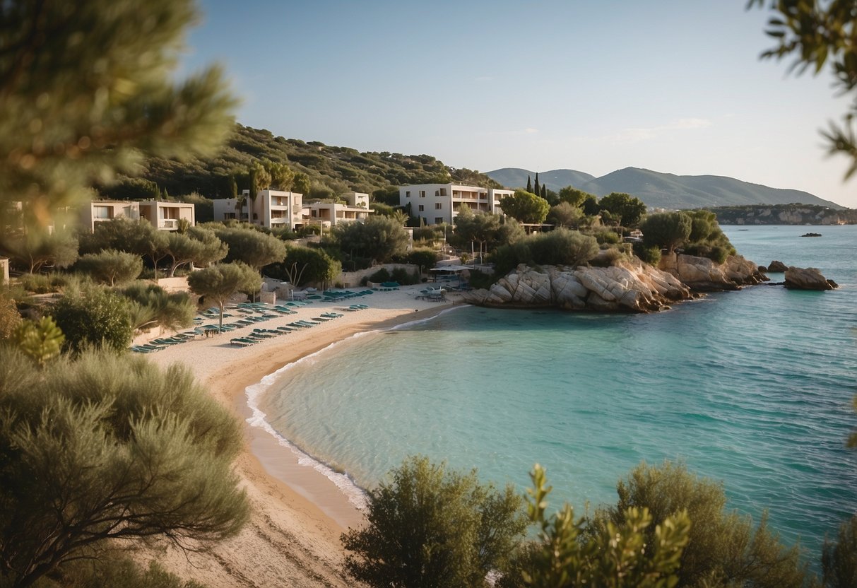 A serene beach with crystal-clear waters, surrounded by lush greenery and eco-friendly facilities at Riva di Ugento Camping Resort