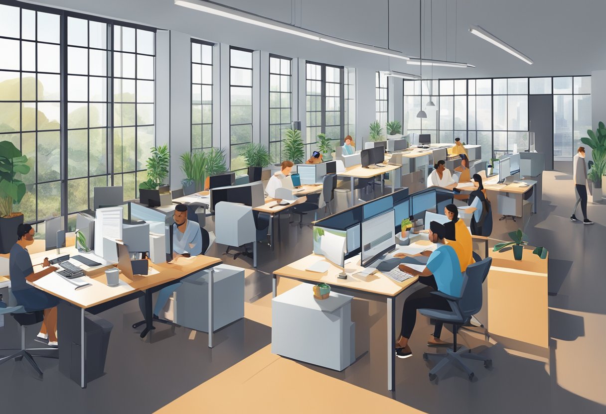 A bustling office space with modern decor and large windows. A team of diverse individuals collaborate around a table, while others work diligently at their desks. The atmosphere is energetic and focused