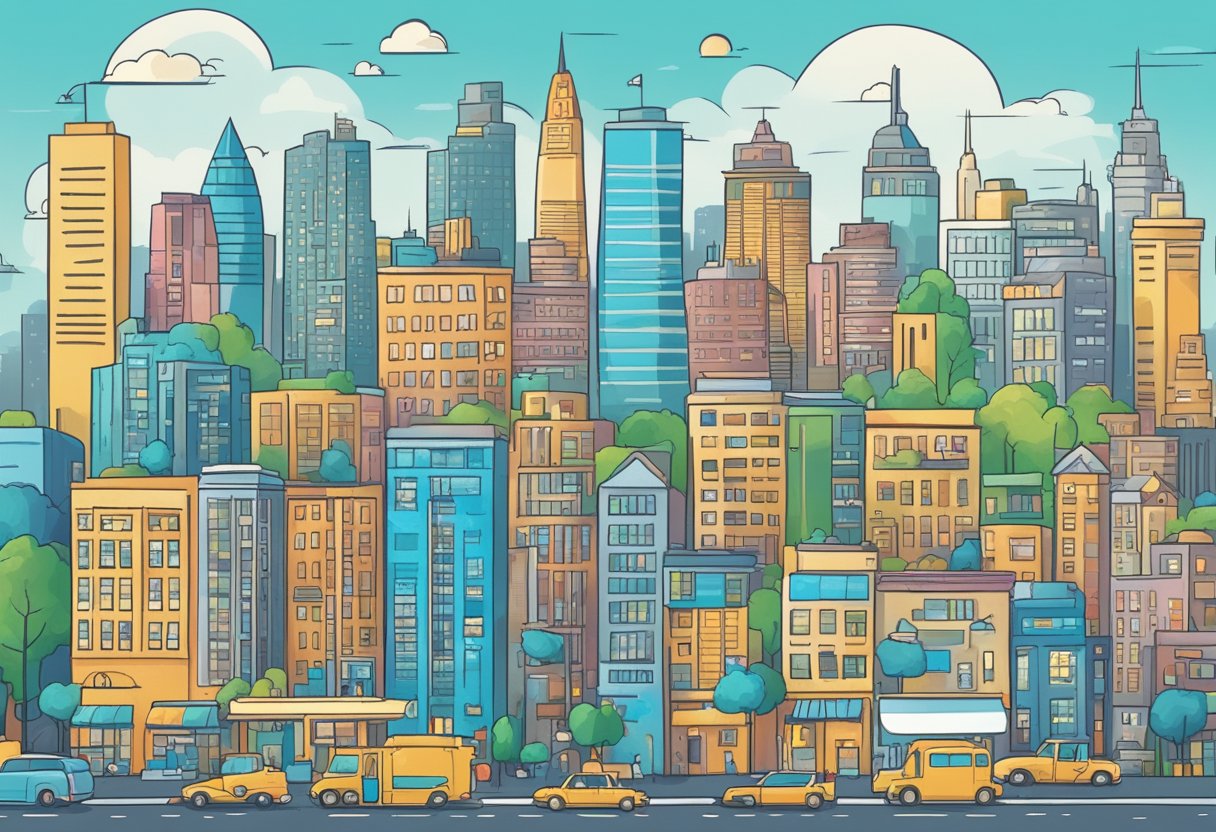 A bustling city skyline with a series of growing businesses, each one representing a different success story in the startup world