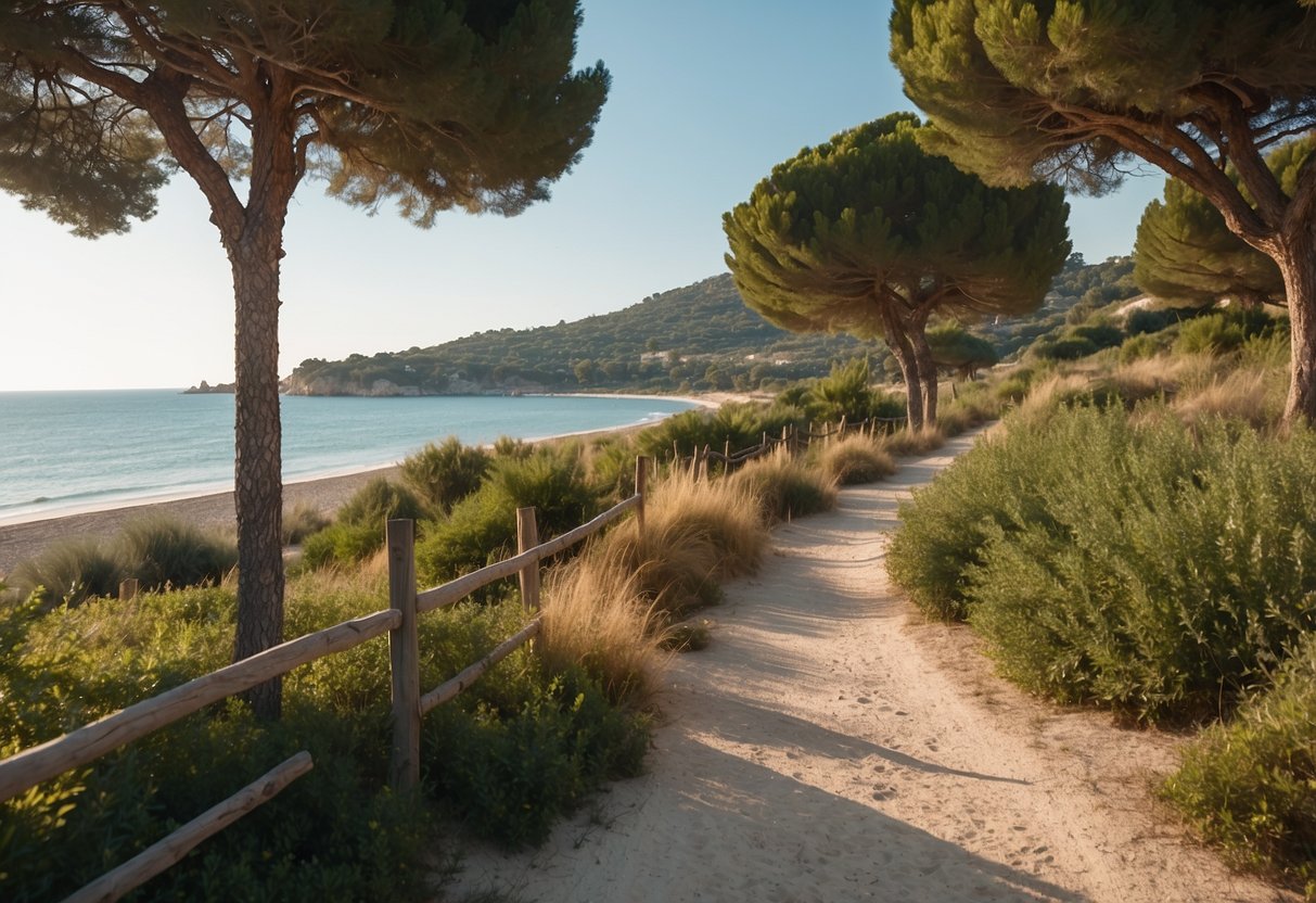 A serene beach scene with a clear path leading to Riva di Ugento Camping Resort, surrounded by lush greenery and a calm, inviting atmosphere