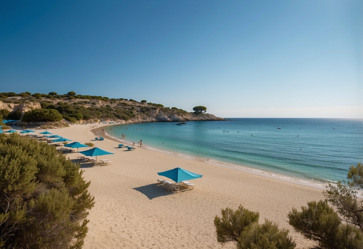 A serene beach scene with a clear blue sky, white sandy shores, and crystal-clear waters stretching out to the horizon at Riva di Ugento Camping Resort
