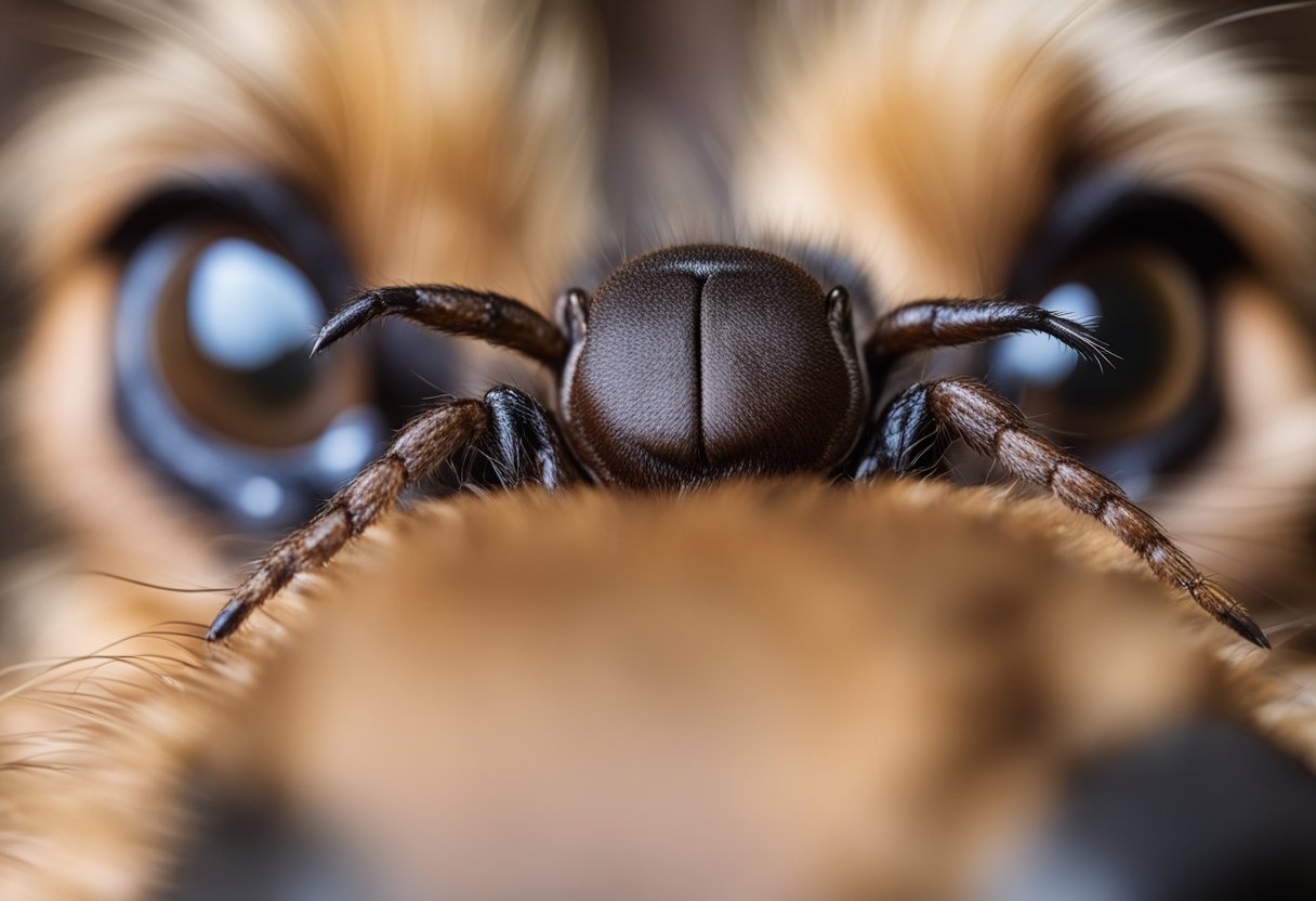 A tick attached to a dog's ear, with a close-up of its mouthparts burrowed into the skin