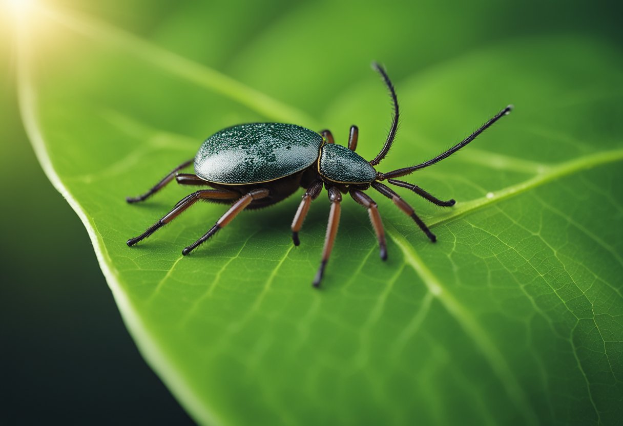 A tick on a leaf, with a mouthpart attached to a tooth