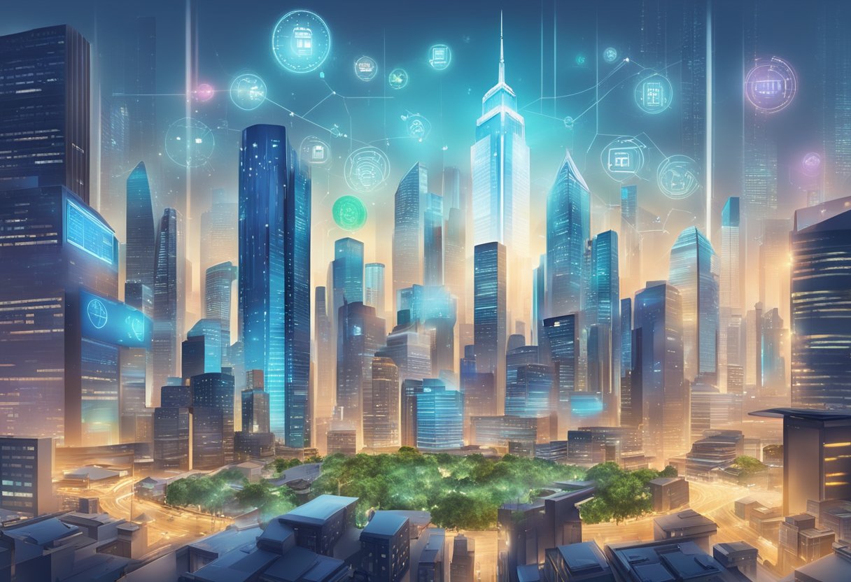 A bustling city skyline with various financial institutions and stock market indicators, surrounded by a mix of traditional and futuristic technology