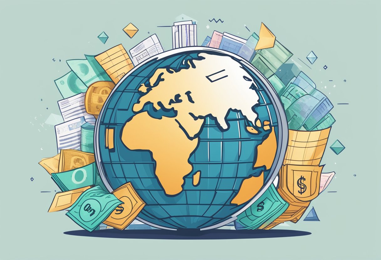 A globe surrounded by various currencies and financial charts, representing the global economic outlook for 2024. An arrow pointing upwards symbolizes investment strategies for the year