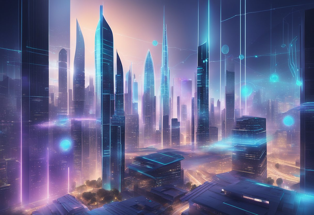 A futuristic city skyline with holographic investment charts and data projections, showcasing advanced technology-driven investment strategies for 2024