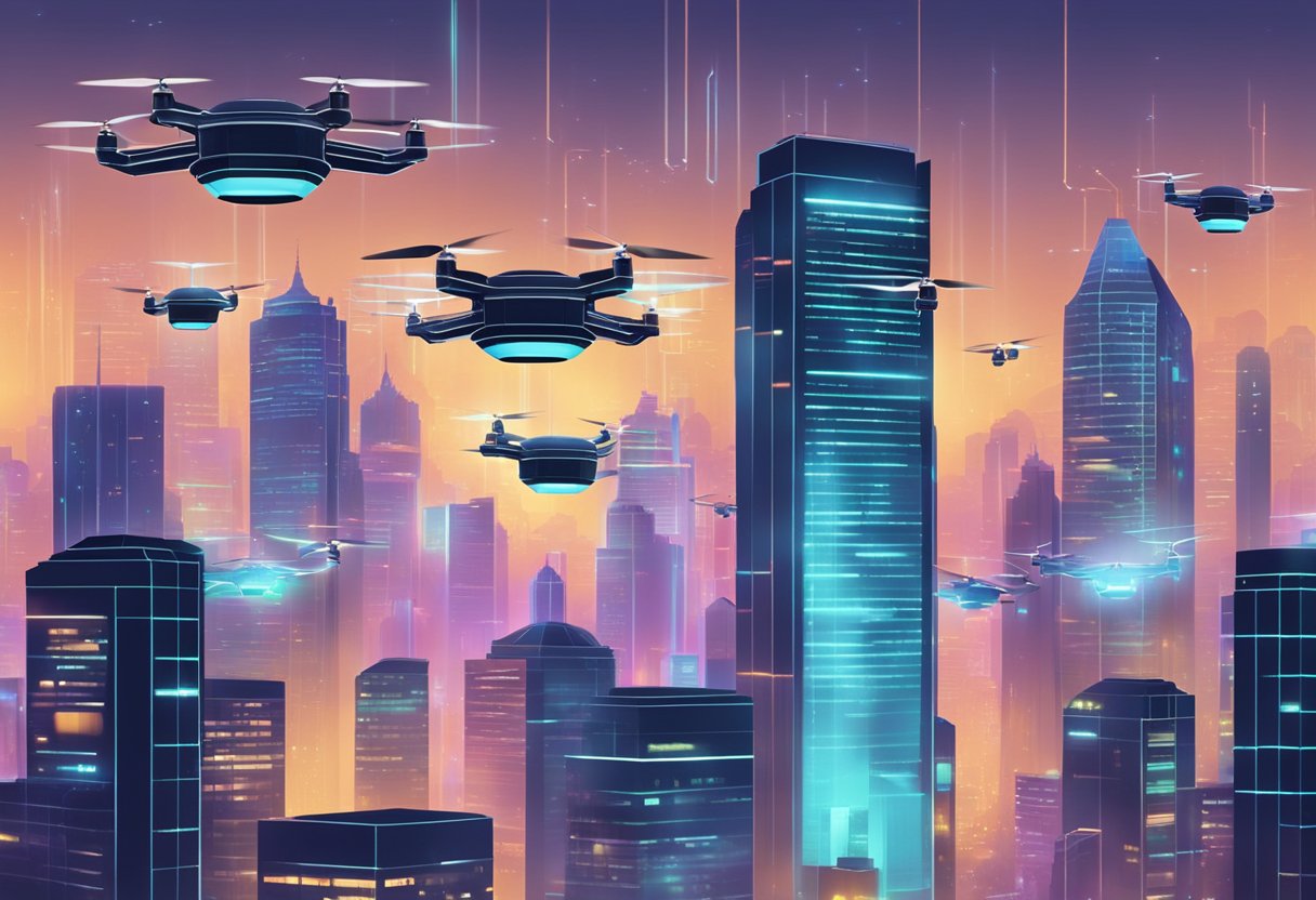 A futuristic city skyline with holographic investment charts and graphs projected onto buildings. A group of drones fly overhead, symbolizing the modern approach to alternative investments