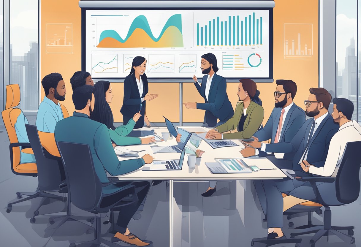 A diverse group of professionals discussing investment strategies in a modern boardroom, with charts and graphs displayed on a large screen